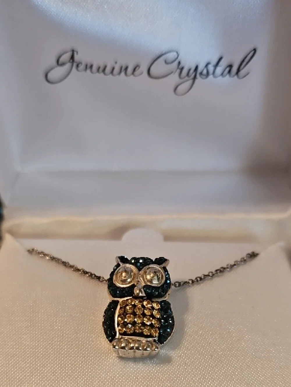 Owl Pendant Necklace with Blue and Gold Crystals - Women's Jewelry NWT